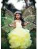 Yellow Tulle Ruffled Flower Girl Dress With Rhinestones Belt